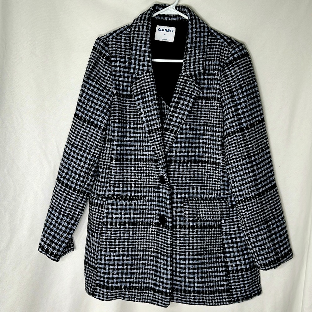 Old Navy Women’s Blck & Gry 2 Button Plaid Soft-Brushed Collared Blazer | Size:M